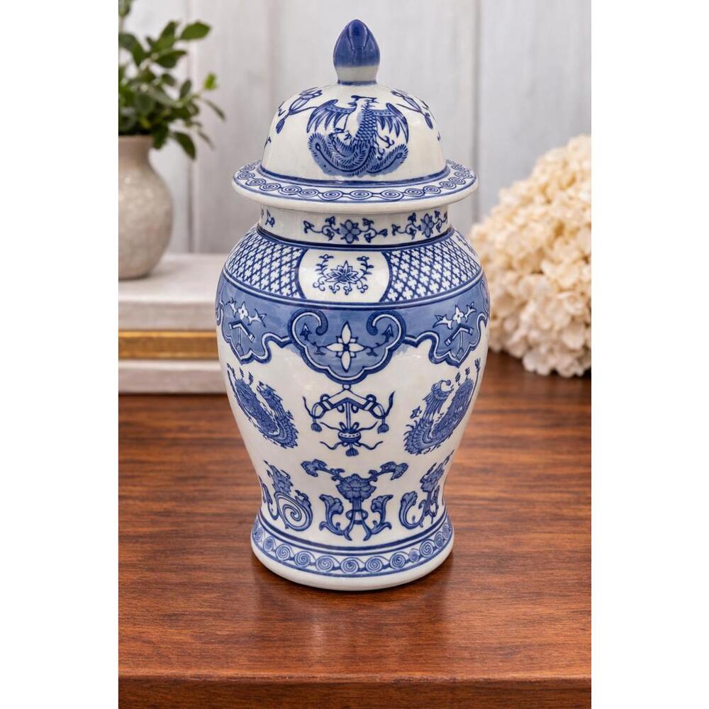 Vintage Blue and White Porcelain Ginger Jar w/ Phoenix, Dragon Design w/ Lid
